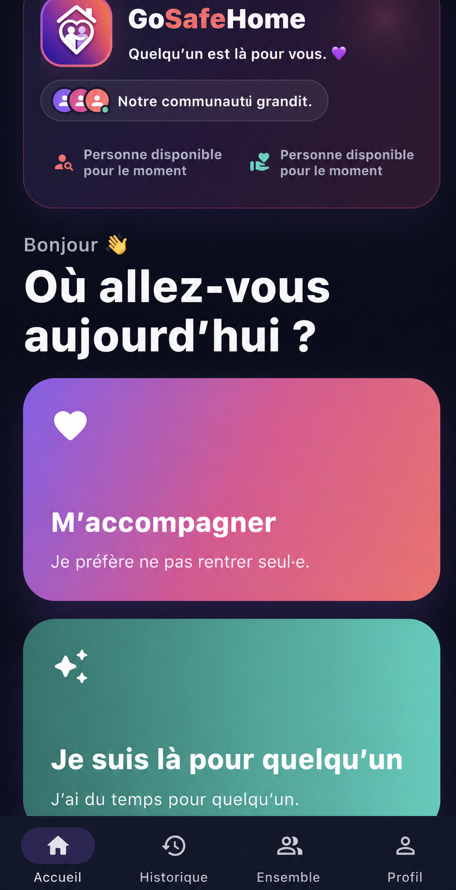 Accueil GoSafeHome avec les deux rôles