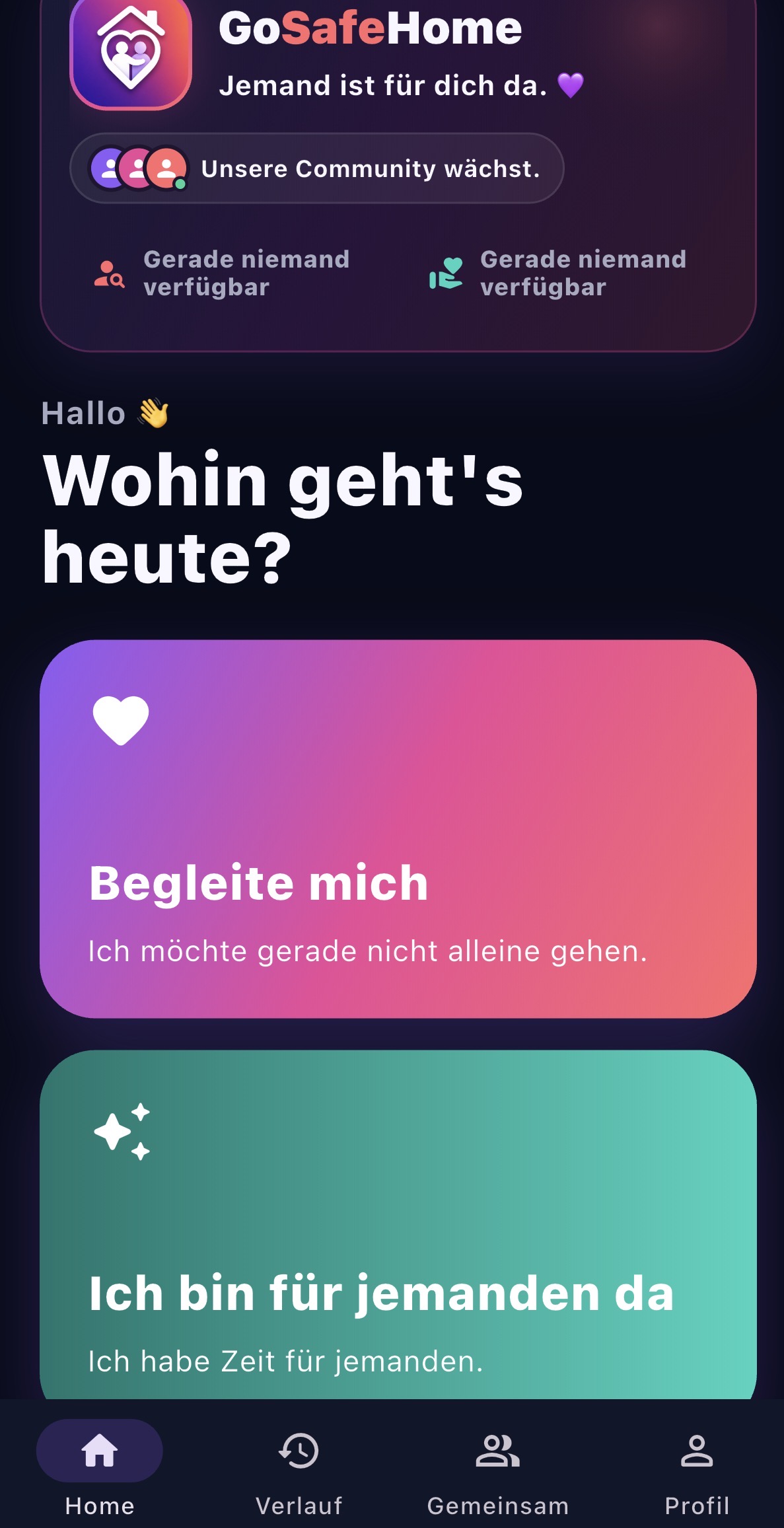 GoSafeHome-Startansicht mit beiden Rollen