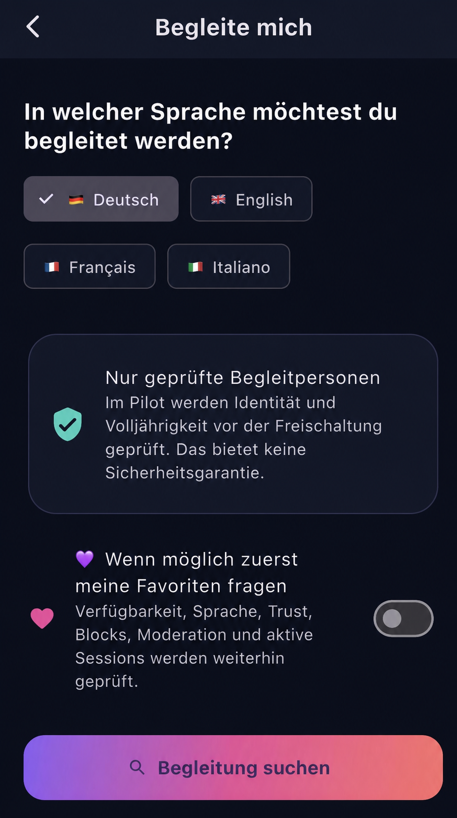 Sprachwahl und Suche nach einer Begleitperson