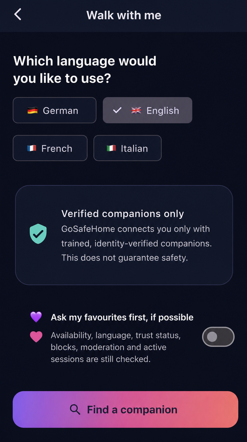 Language selection and companion search